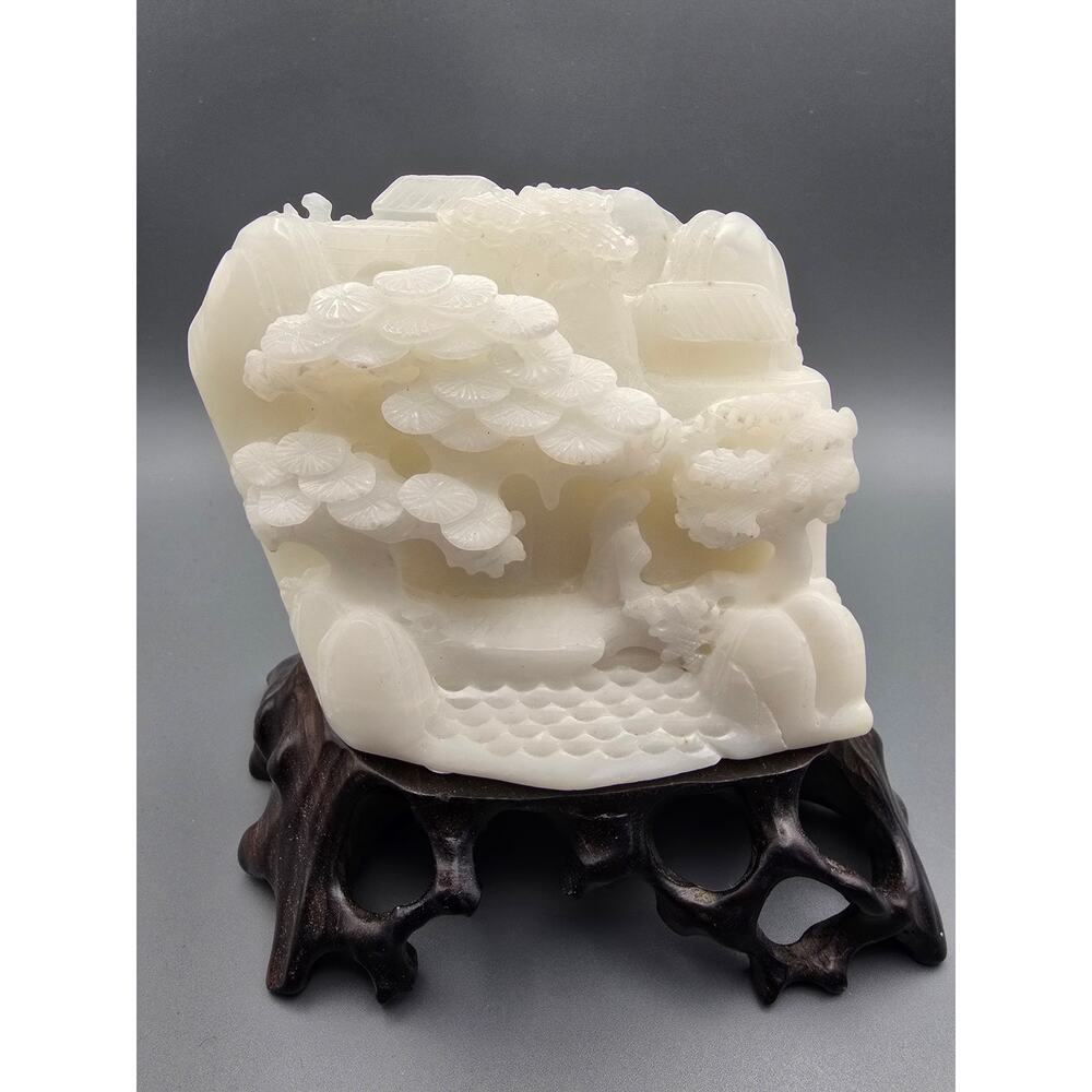 Chinese White Nephrite Jade Landscape Carving on Wood Stand 4in